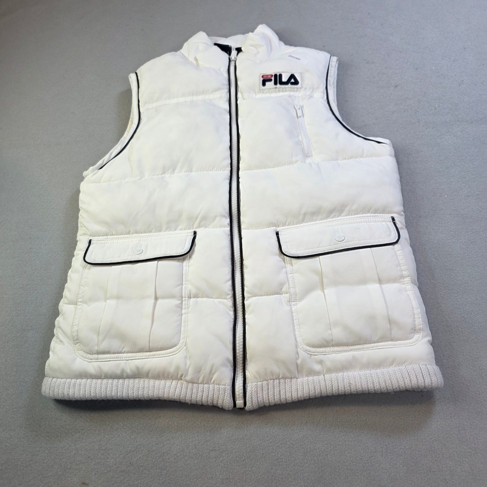 Fila Sport Mens White Puffer Vest Black Trim Ribbed Hem Size Small 0002489